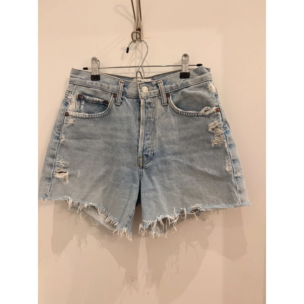 AGOLDE Parker Long Distressed Denim Shorts Size 25 Light Wash High Rise Raw Hem